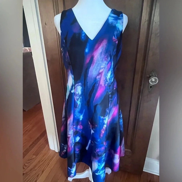Donna Karan Dresses & Skirts - Donna‎ Karan Black, Blue, and Pink Abstract Sleeveless V Neck Dress Women…
